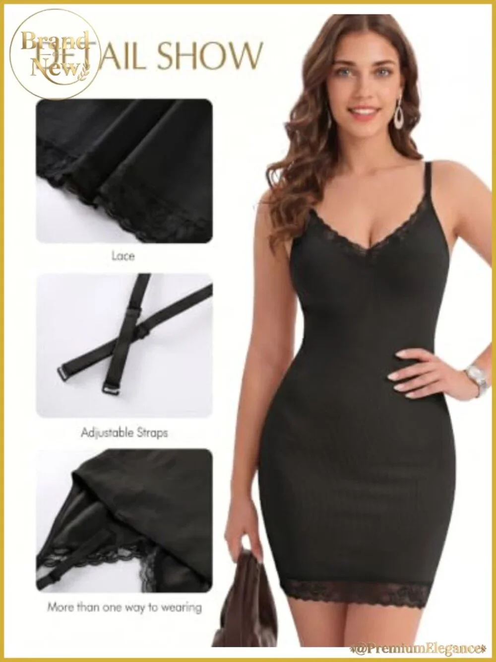 Shapewear Full Slip Dress V-Neck Lace Trim Adjustable Straps Nylon Spandex